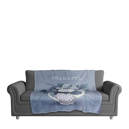 Thankful Teapot Flowers Coral Fleece Blanket
